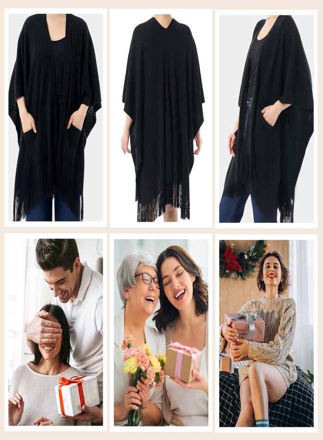 Cutecrop Women's Shawl Wraps with Pockets, Knitted Poncho, Open Front Fringe Sweater with Tassel for Spring Fall Winter(Black) - Image 4