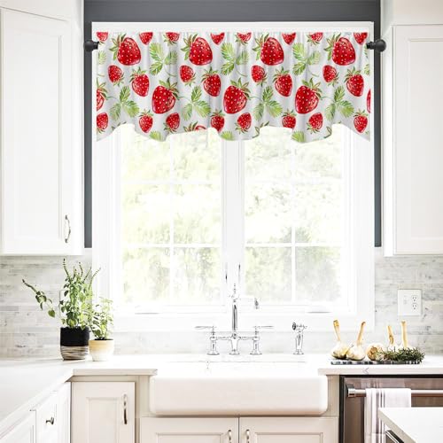 Fanghui Red Strawberry Window Treatment Valance 54X18in Watercolor Fruit Summer Strawberry Window Valance with Rod Pocket for Kitchen Dining Room Window Decoration - Image 3