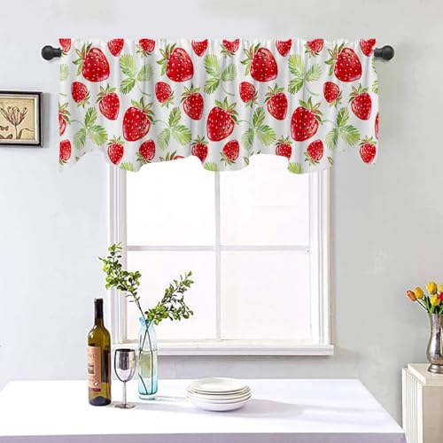 Fanghui Red Strawberry Window Treatment Valance 54X18in Watercolor Fruit Summer Strawberry Window Valance with Rod Pocket for Kitchen Dining Room Window Decoration - Image 4