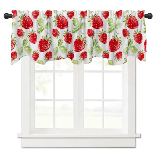 Fanghui Red Strawberry Window Treatment Valance 54X18in Watercolor Fruit Summer Strawberry Window Valance with Rod Pocket for Kitchen Dining Room Window Decoration - Image 1