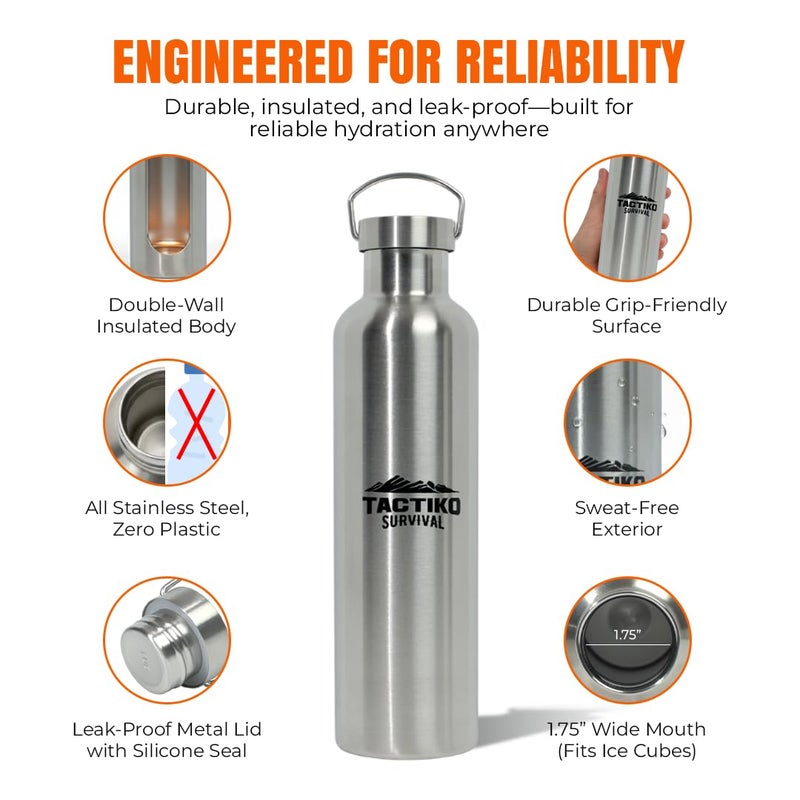 Tactiko Survival 1000ml / 34 oz Insulated Stainless Steel Wide Mouth Water Bottle, Double Wall Insulation - Leakproof, BPA-Free with Cleaning Brush for Camping, Hiking, Outdoor Prep - Image 3