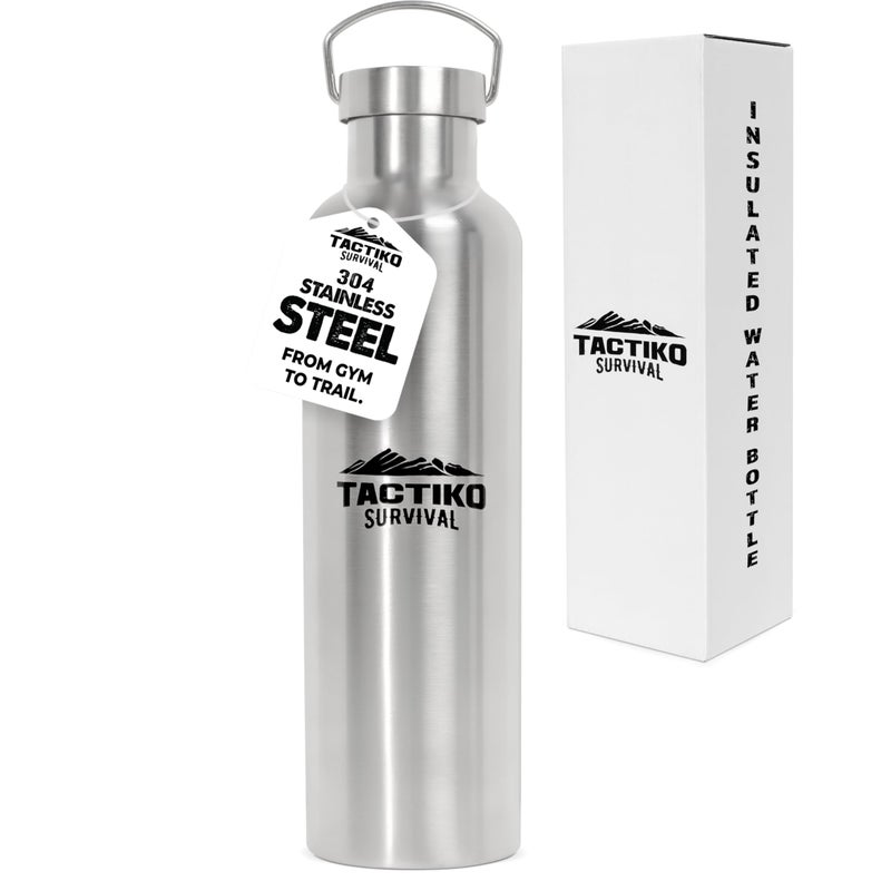 Tactiko Survival 1000ml / 34 oz Insulated Stainless Steel Wide Mouth Water Bottle, Double Wall Insulation - Leakproof, BPA-Free with Cleaning Brush for Camping, Hiking, Outdoor Prep - Image 1