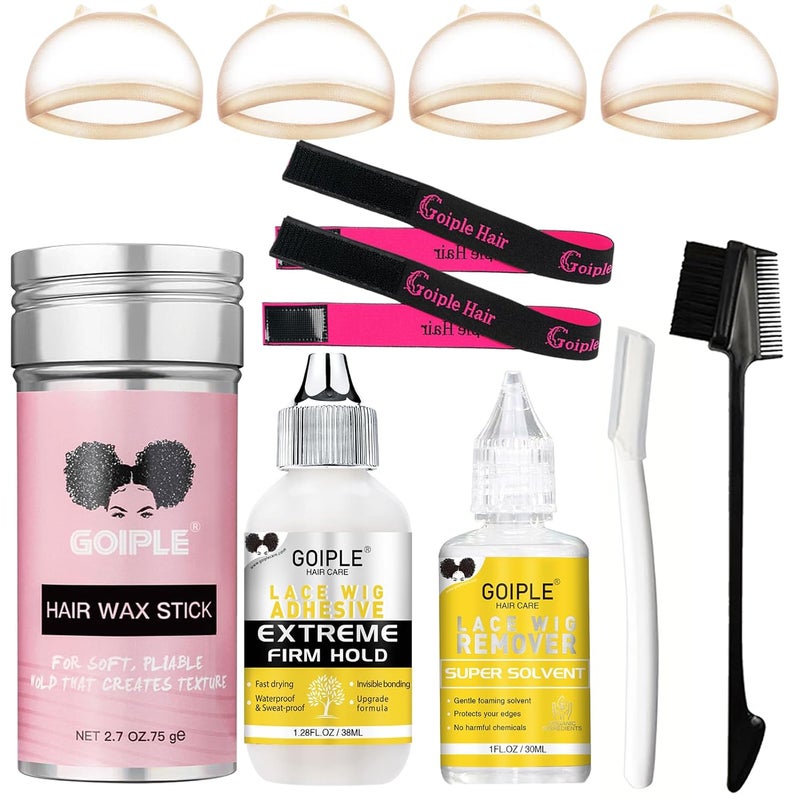 Goiple Lace Wig Glue Kit Lace Front Glue Kit for Wigs Strong Hold Glue for Wigs and Hair Systems Invisible Bonding Wig Adhesive Hair Glue Wig Remover Hair Wax Stick Edge Band Razor  HD Wig Cap 
