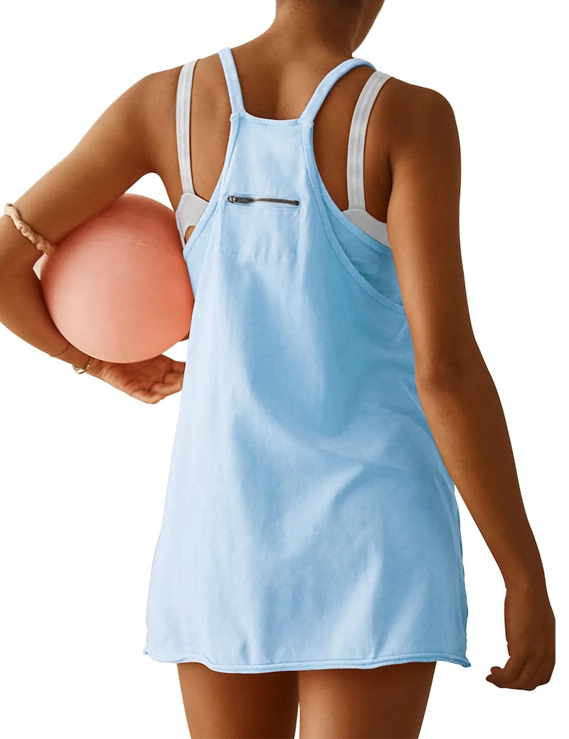 VIUTIL Womens Athletic Dress Built in Shorts Hot Shot Mini Dress Spaghetti Straps Tennis Workout 2026 Summer Romper Dress, Light Blue, Medium - Image 2
