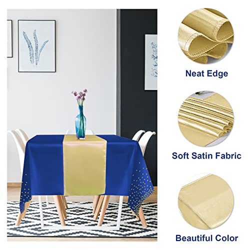 MASHAN 8Pack Disposable Plastic Tablecloths and Satin Table Runner Set Blue and Gold Dot Tablecloth Gold Satin Table Runner for Wedding Birthday Baby Shower Anniversary Christmas New Year Party Decorations - Image 3
