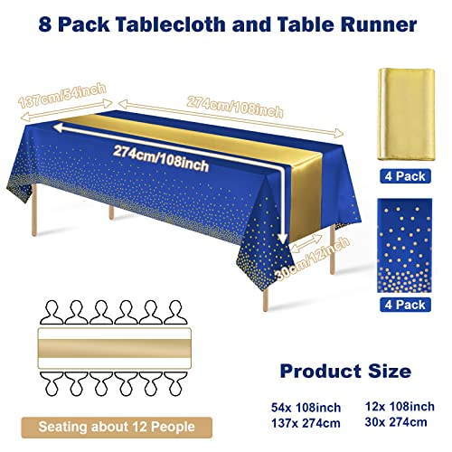MASHAN 8Pack Disposable Plastic Tablecloths and Satin Table Runner Set Blue and Gold Dot Tablecloth Gold Satin Table Runner for Wedding Birthday Baby Shower Anniversary Christmas New Year Party Decorations - Image 2
