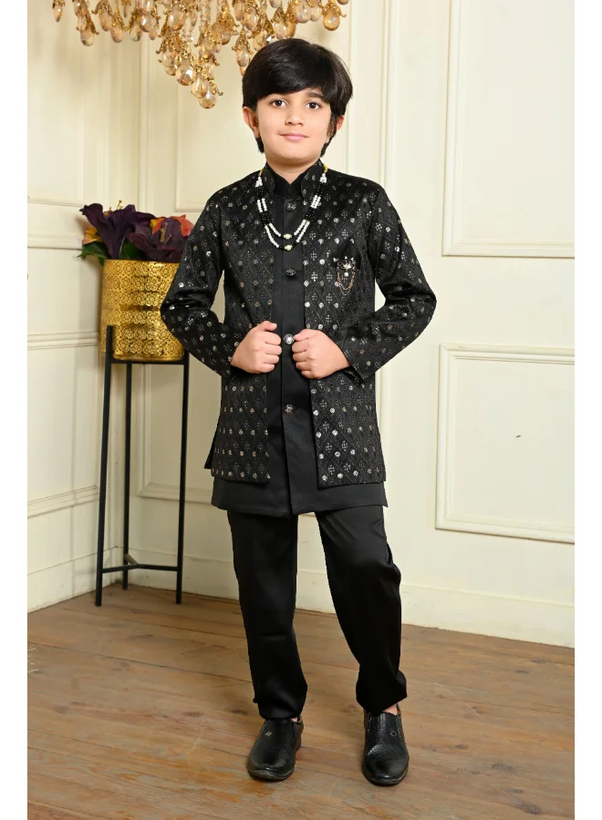 BT DEZINES Boys Black Satin Sherwani Set for Ethnic Wear