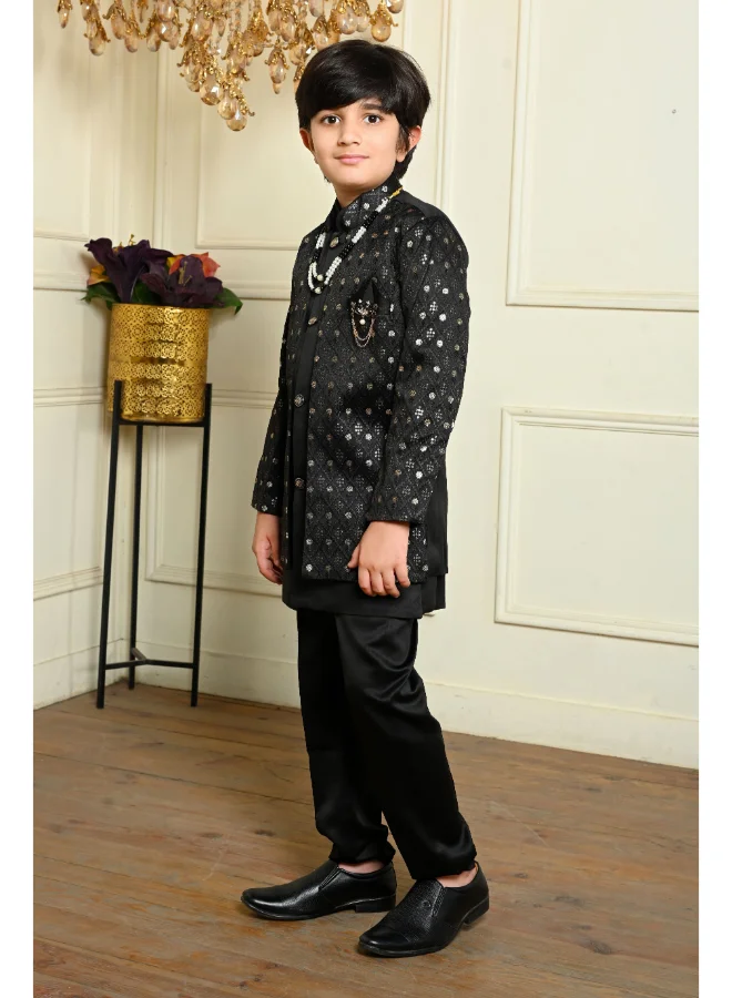BT DEZINES Boys Black Satin Sherwani Set for Ethnic Wear