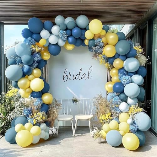 Partycus Dusty Blue Yellow Balloon Arch Kit Double Stuffed Dark Pastel Blue Light Yellow Pearl Balloon Garland for Birthday Bridal Wedding Baby Shower Lemon Valentines Party Decoration - Image 1