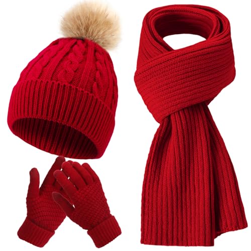 Geyoga 3 Pieces Winter Beanie Hat Scarf Touch Screen Warm Gloves Set Knit Skull Cap for Men and Women (Claret,Classic Style) - Image 1