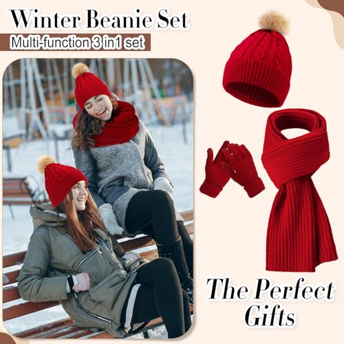 Geyoga 3 Pieces Winter Beanie Hat Scarf Touch Screen Warm Gloves Set Knit Skull Cap for Men and Women (Claret,Classic Style) - Image 5