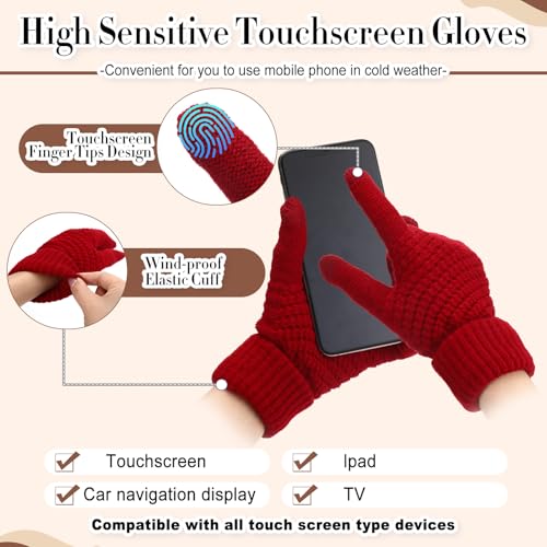Geyoga 3 Pieces Winter Beanie Hat Scarf Touch Screen Warm Gloves Set Knit Skull Cap for Men and Women (Claret,Classic Style) - Image 3