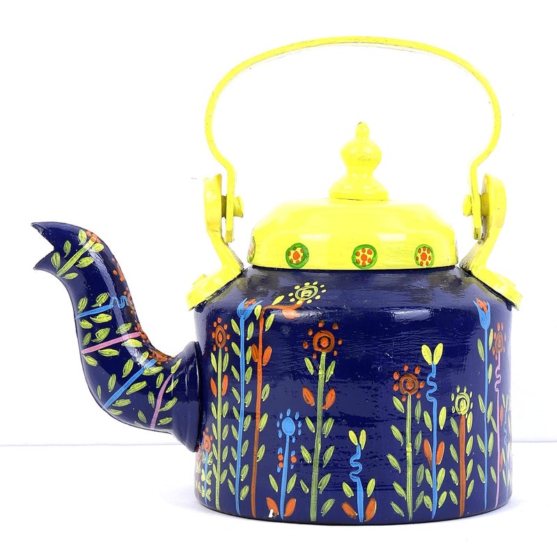 INDHA Hand-Painted Blue & Yellow Decorative Kettle | Tea/Coffee Table Accent | Handmade Living Room Showpiece | Unique Gift for Home, Festive Decor, Diwali - Image 1