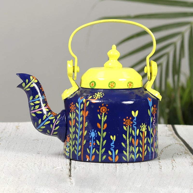 INDHA Hand-Painted Blue & Yellow Decorative Kettle | Tea/Coffee Table Accent | Handmade Living Room Showpiece | Unique Gift for Home, Festive Decor, Diwali - Image 2