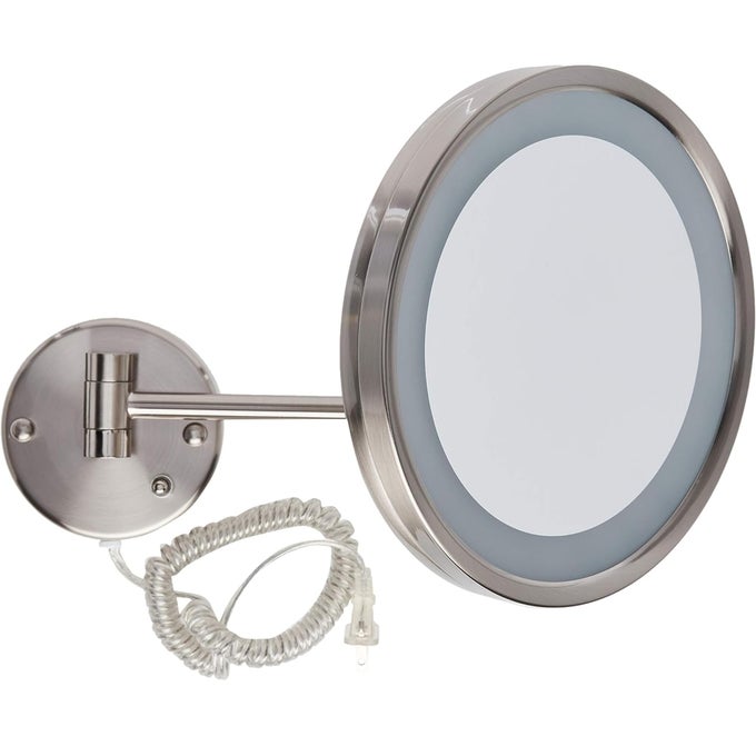 LIGHTED WALLMOUNTED MAKEUP MIRROR MAGNIFYING MIRROR WITH LED LIGHTS 5X NICKEL FINISH MODEL HL1016NL