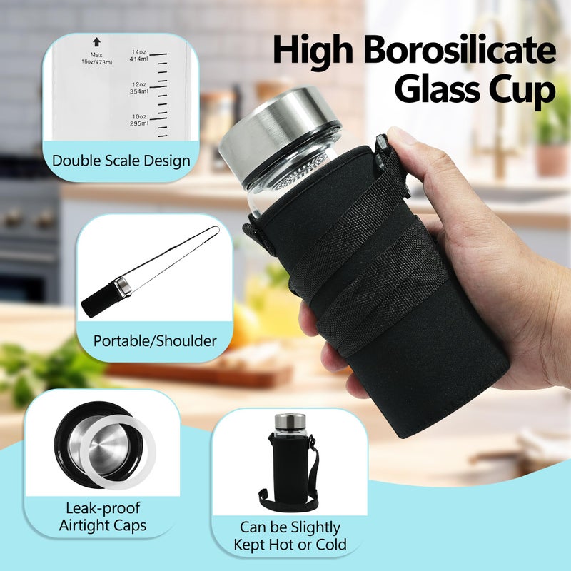Rackickyer Borosilicate Glass Juice Water Bottles 4 Pack 16 OZ,Wide Mouth Glass Water Bottles with Lids and Sleeve,for Juicing, Smoothies, Milk, Protein, Reusable, Leak Proof, Shaker bottle - Image 3