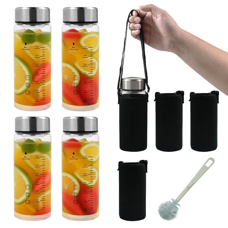 Rackickyer Borosilicate Glass Juice Water Bottles 4 Pack 16 OZ,Wide Mouth Glass Water Bottles with Lids and Sleeve,for Juicing, Smoothies, Milk, Protein, Reusable, Leak Proof, Shaker bottle - Image 1