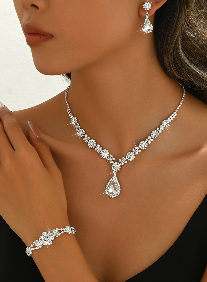 JAKTK Bridal crystal necklace bracelet and earrings set, wedding rhinestone jewelry set, including rhinestone necklace bracelet and earrings, perfect as accessories for graduation dresses. - Image 1