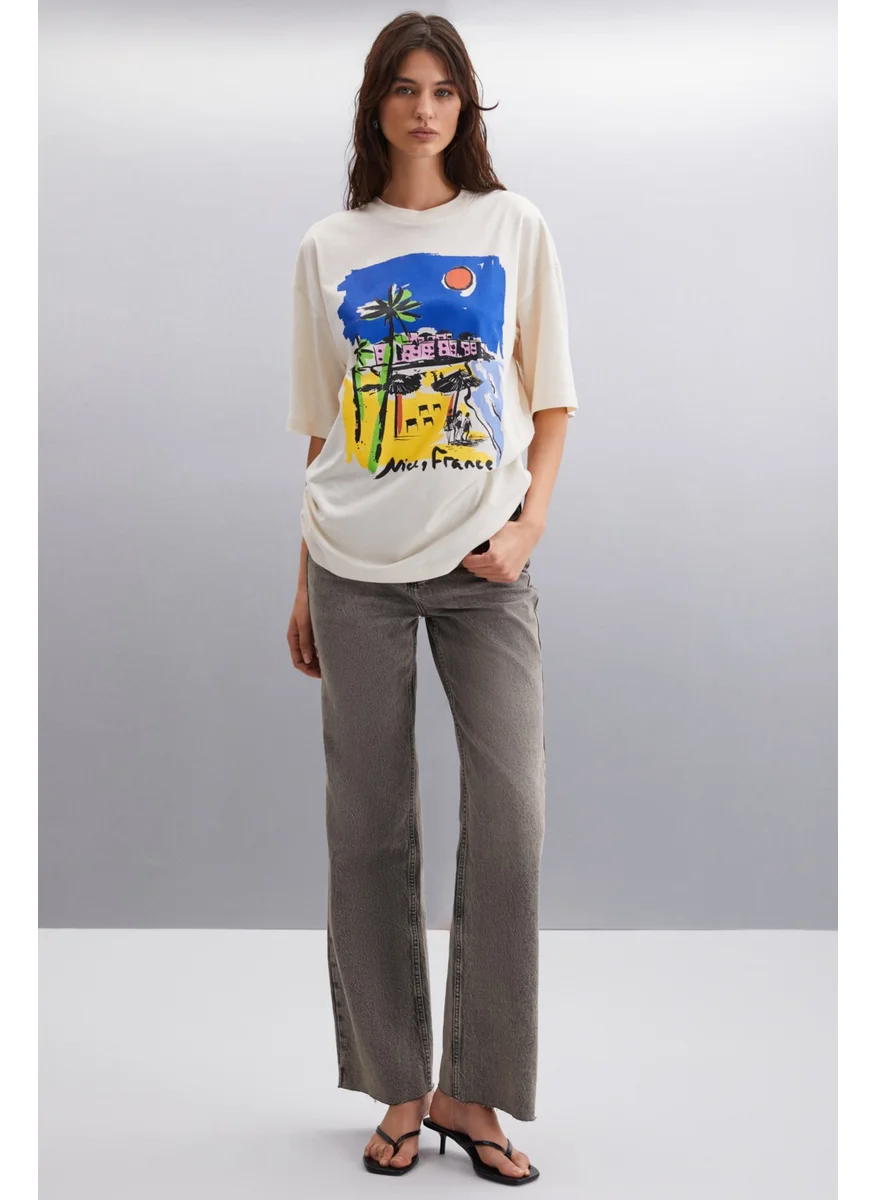 GRIMELANGE Darınka 100% Cotton Women's Vanilla T-Shirt