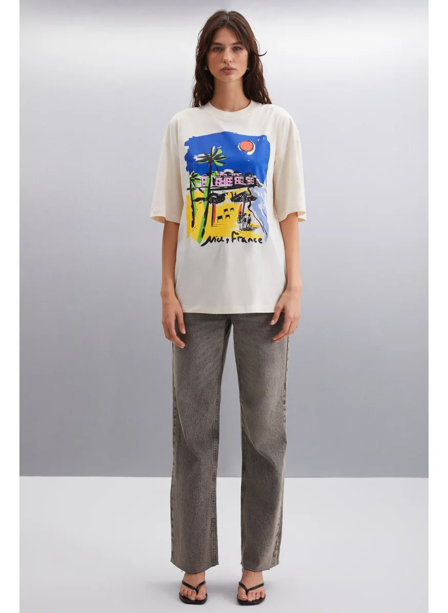 GRIMELANGE Darınka 100% Cotton Women's Vanilla T-Shirt