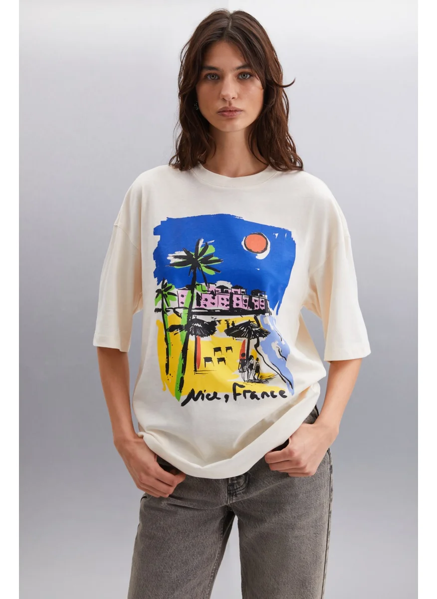 GRIMELANGE Darınka 100% Cotton Women's Vanilla T-Shirt