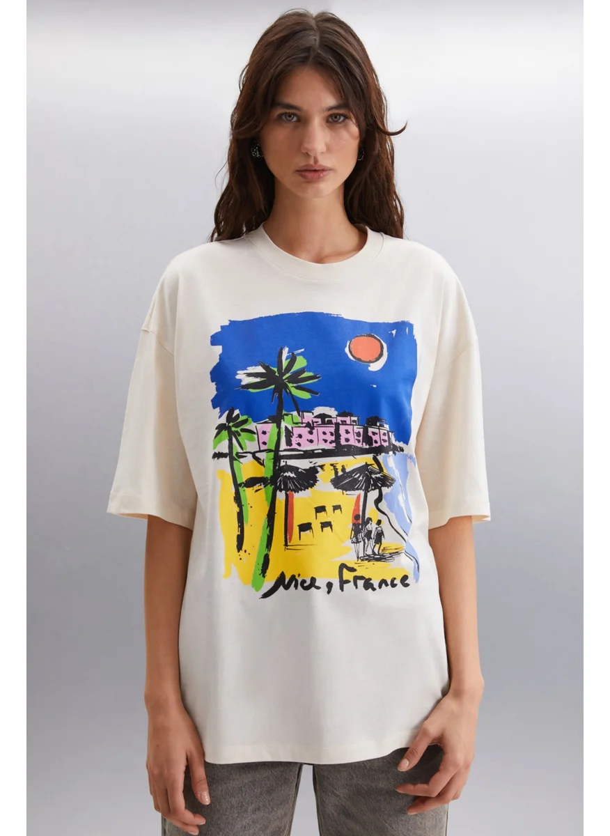 GRIMELANGE Darınka 100% Cotton Women's Vanilla T-Shirt