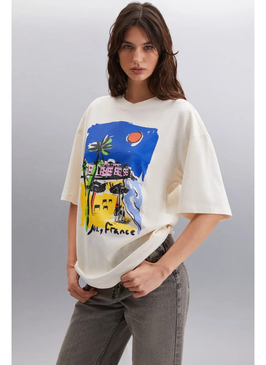 GRIMELANGE Darınka 100% Cotton Women's Vanilla T-Shirt