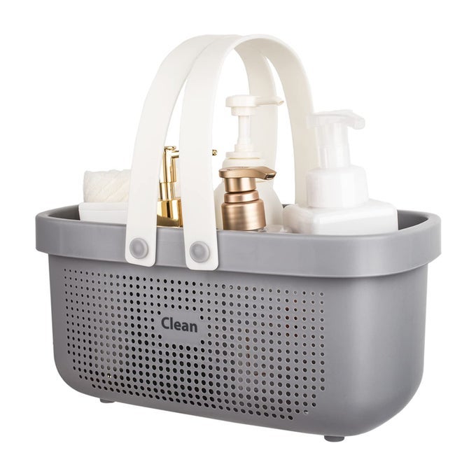 PLASTIC STORAGE BASKET WITH HANDLE PORTABLE SHOWER CADDY TOTE ORGANIZER BASKET BIN FOR BATHROOM KITCHEN DORM ROOM BEDROOM GRAY