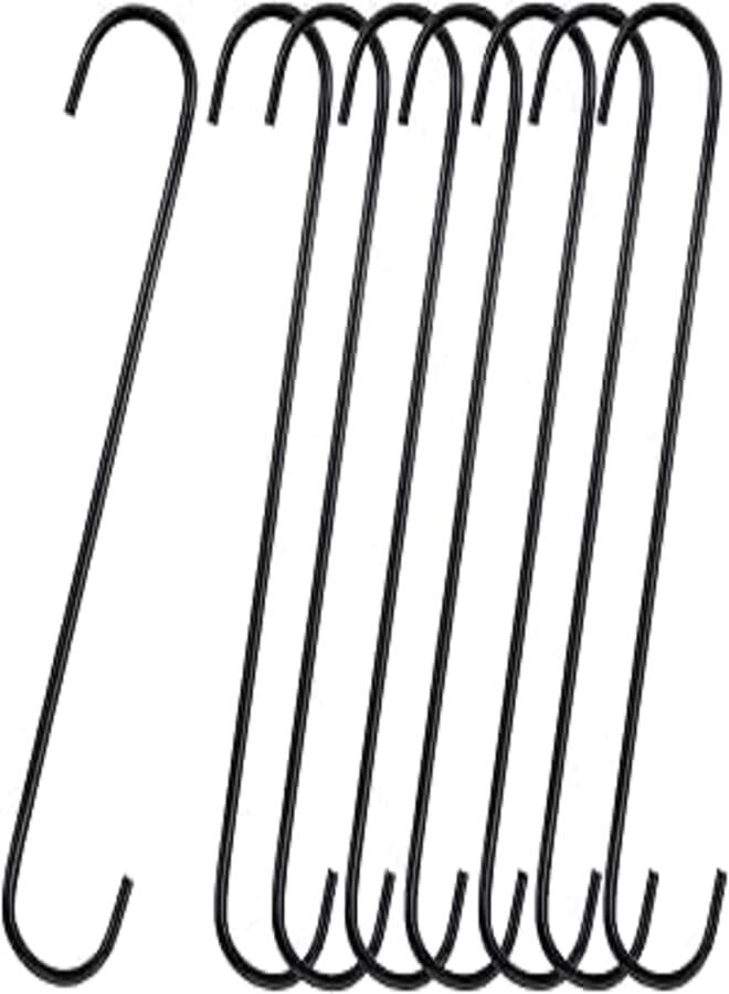 8 Pack S Hooks Heavy Duty 12 Inch Large S Shape Hooks for Hanging Plant Pots and Pans Steel Metal Hanger Hook Black Long S-Hook for Hanging Clothes, Plants, bird feeders, Garden Indoor Outdoor