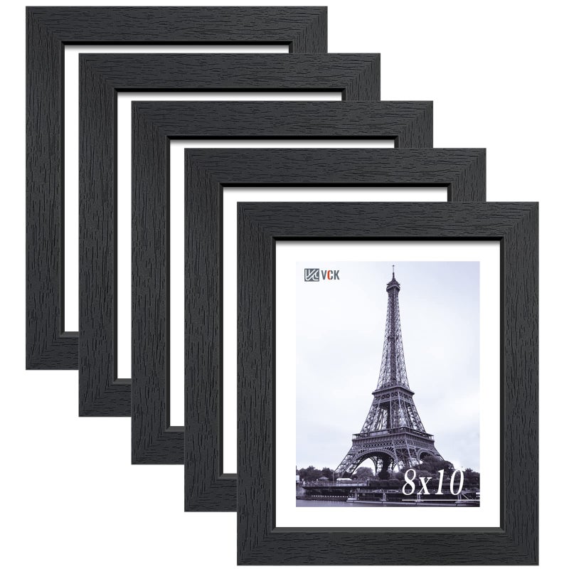 VCK 8x10 Solid Wood Picture Frame Set of 5 Textured Exclusive Black Picture Frames  Wall Hanging - Image 1