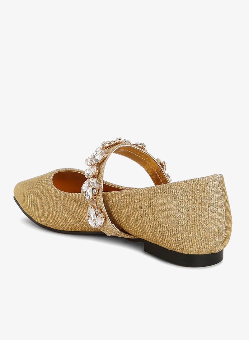 London Rag Diamante Brooch Glitter Ballerinas in Gold - Image 3