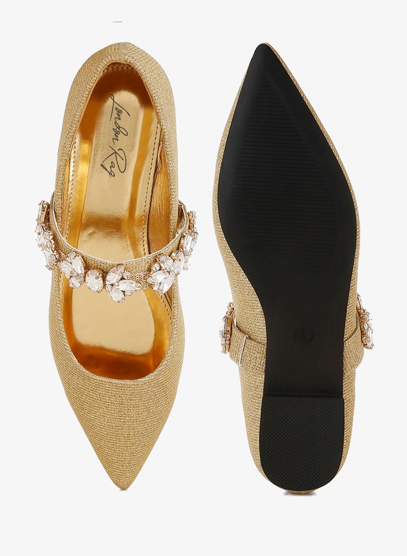London Rag Diamante Brooch Glitter Ballerinas in Gold - Image 4