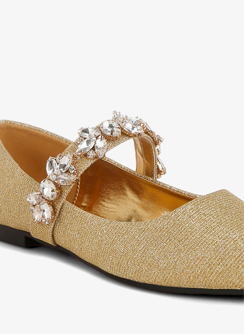 London Rag Diamante Brooch Glitter Ballerinas in Gold - Image 5