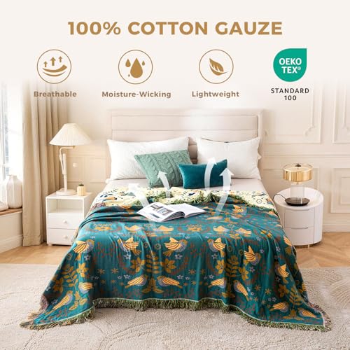 LUTBM Queen Throw Blanket for Bed 100 Cotton Boho Soft Quilt Birds and Floral Double Embroidery Summer Breathable Bed Blanket90x90 Lightweight All Season Blankets for Bedding Couch Home Decor - Image 3
