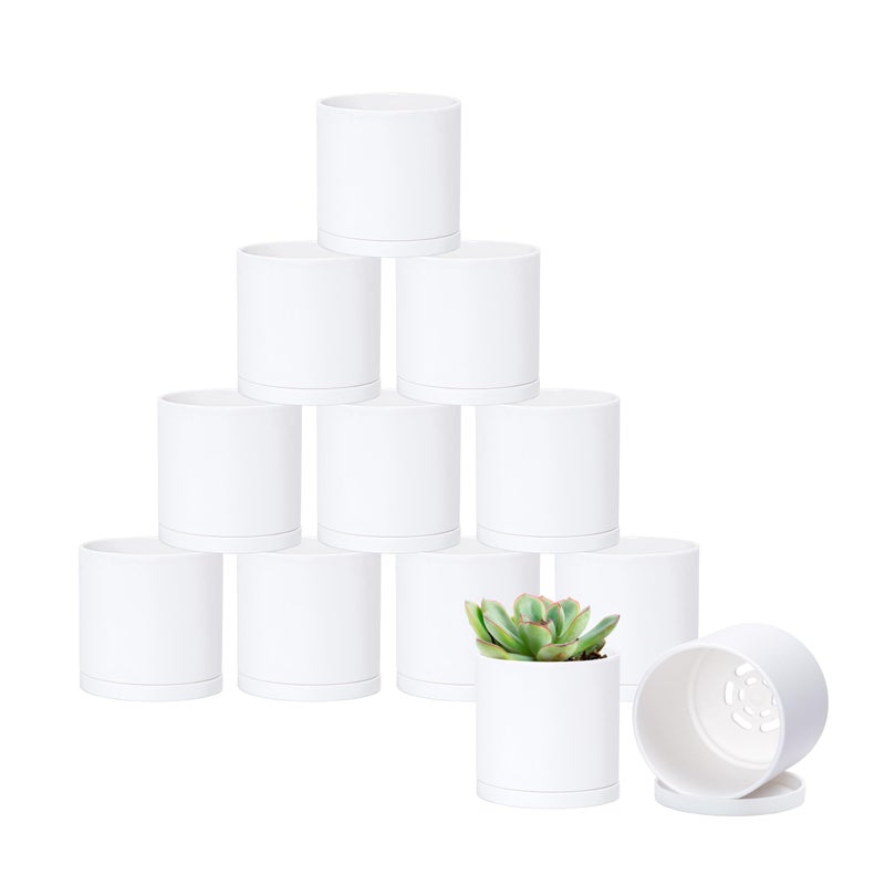 D'vine Dev 12 Pack 3 Inch Mini Plastic Plant Pots, Small Garden Planters for Plant with Drainage Holes and Saucers, White Color, 74-Z-C-4 - Image 1