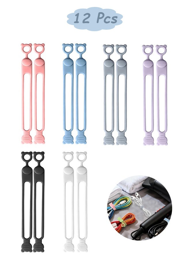 Quantum 12 Pcs Reusable Silicone Cable Ties Self-Locking Cord Organizer Straps Multi-Purpose Cable Management Straps for Charging Cables Headphones Home Office (White/Pink/Black/Gray/Blue/Purple) - Image 1