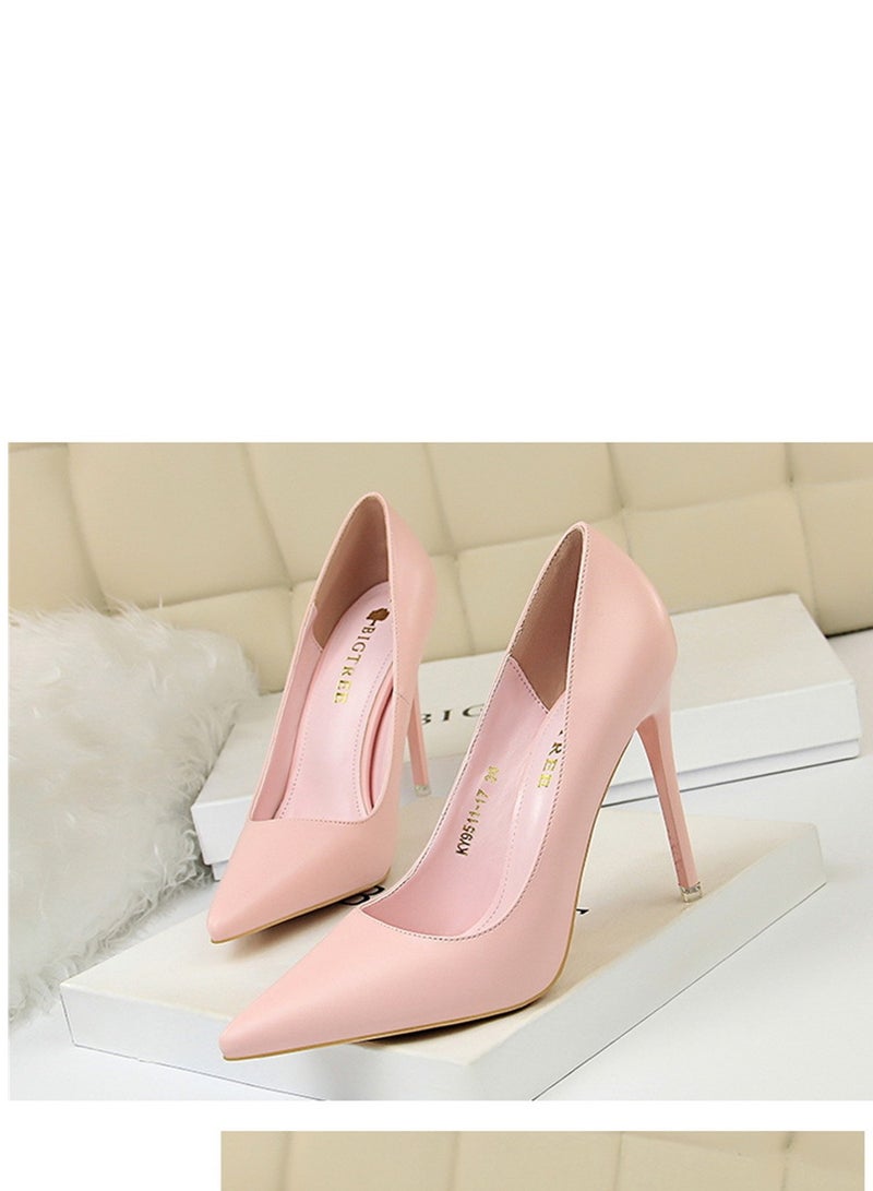 BIGTREE 10.5 سم أحذية كعب رفيع بسيطة وعصرية بسطح لامع من الجلد الصناعي بفم ضيق و رأس مدبب كعب رفيع للنساء باللون الوردي - Image 1