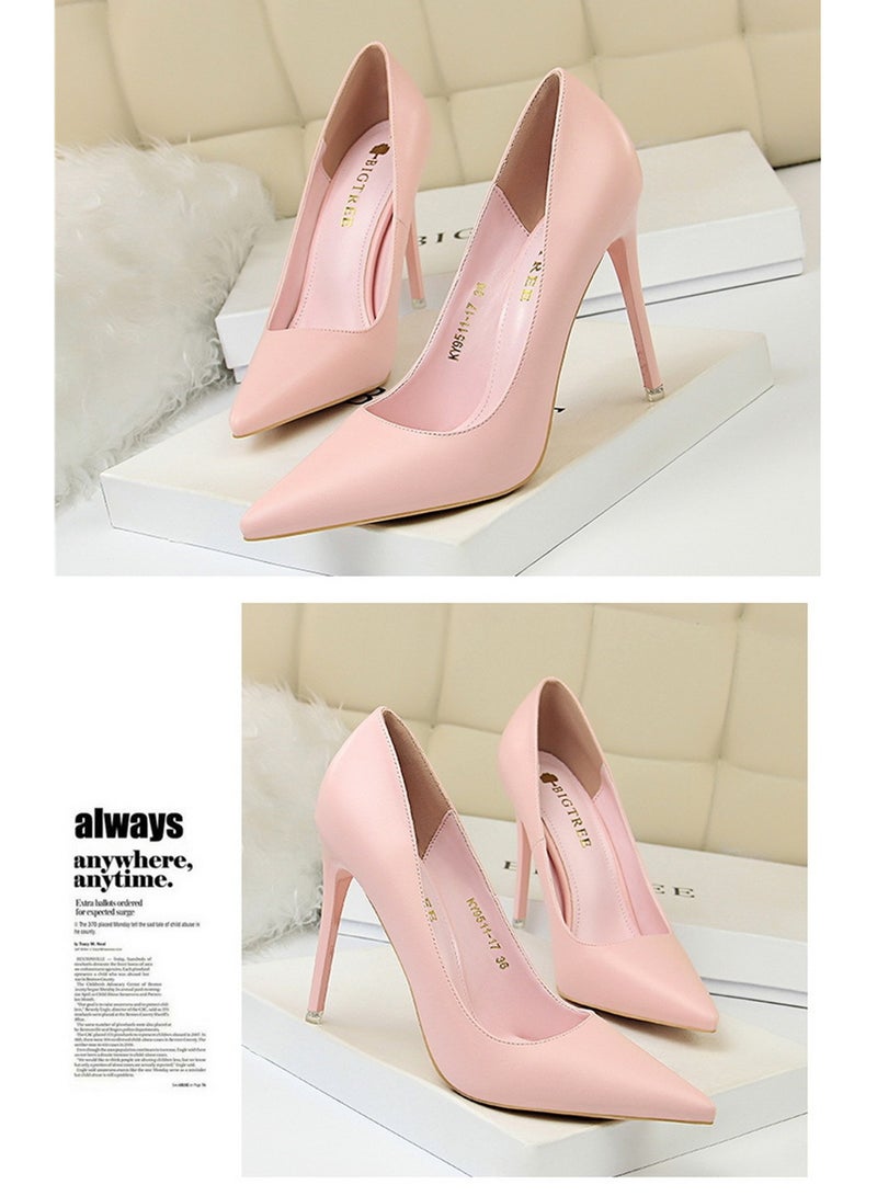 BIGTREE 10.5 سم أحذية كعب رفيع بسيطة وعصرية بسطح لامع من الجلد الصناعي بفم ضيق و رأس مدبب كعب رفيع للنساء باللون الوردي - Image 2