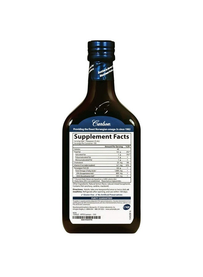 Carlson أفضل زيت سمك خاص إصدار 1600 ملغ أوميغا 3 سائل مكمل زيت سمك نرويجي من الأسماك البرية مصدر مستدام سائل ليمون 500 مل (16.9 أونصة سائلة) - Image 3