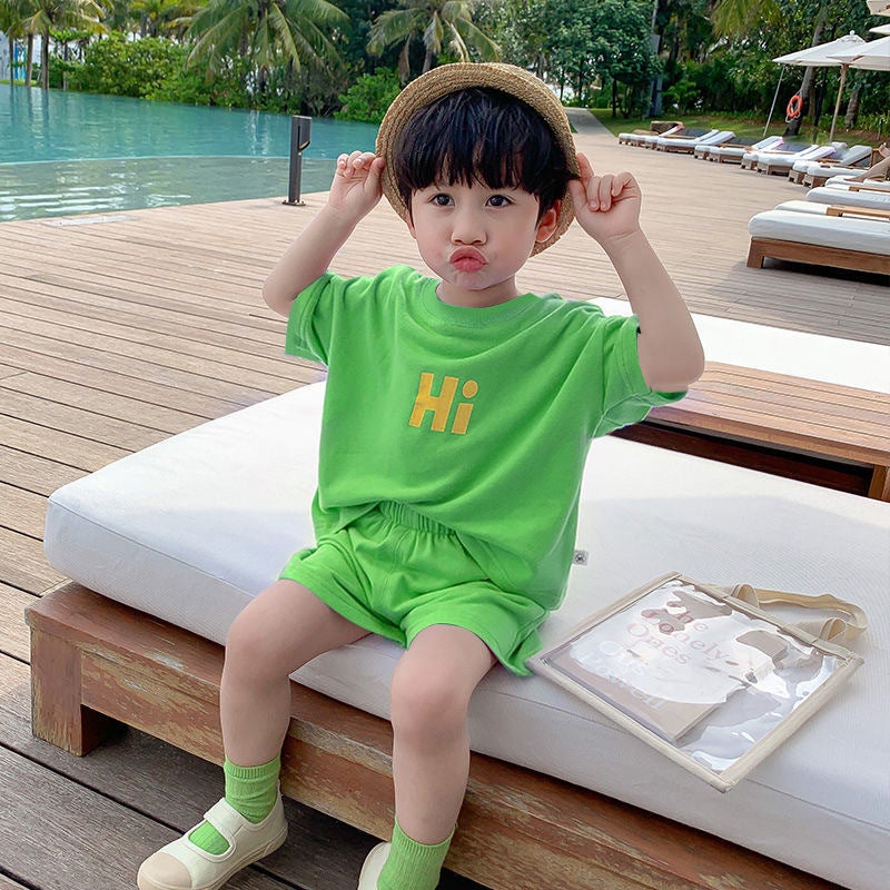 Boys summer suit 2024 new style baby summer short sleeve childrens summer childrens summer clothes summer Green [suit] 987#