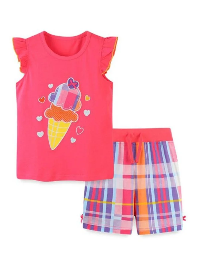 يونيكي Pink Crew Neck Cap Sleeve Printed Tshirt & Shorts