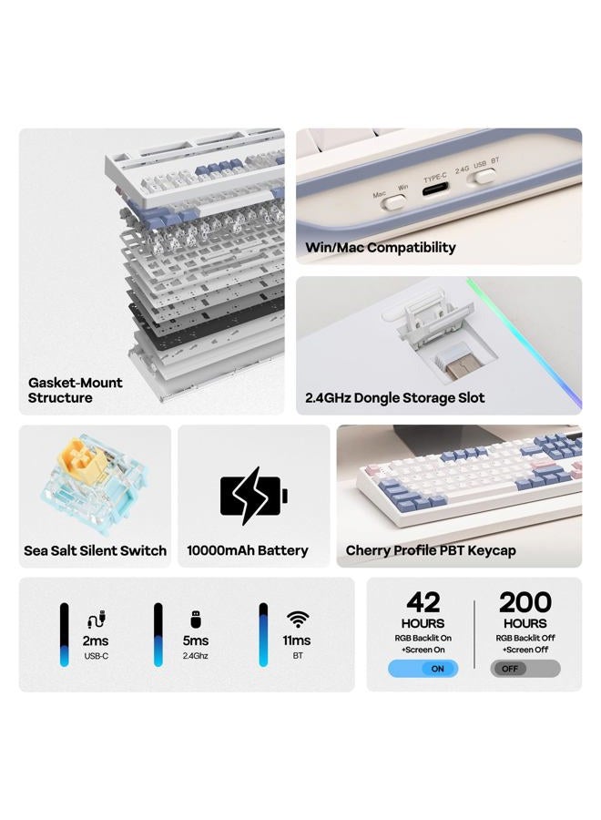 EPOMAKER TH108 PRO Full Size Mechanical Keyboard with Screen & Knob, Wireless Gaming Keyboard with 10000mAh, Creamy Gasket, Hot Swap, Custom Driver, RGB Backlight (White, Sea Salt Silent) - Image 2