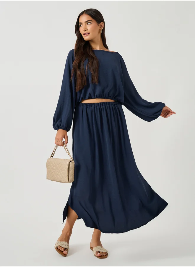 Styli Solid Round Neck Crop Top and Maxi Skirt Co-Ords