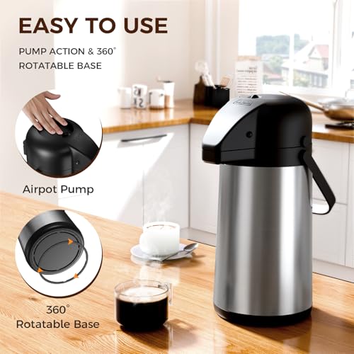 Gezoss Coffee Carafe for Keeping Hot - Gezoss 64OZ / 1.9L Airpot Coffee Dispenser with Pump - Large Coffee Carafe for Hot Drinks Tea Liquid - Insulated Stainless Steel Hot Water Beverage Urn for Parties - Image 3