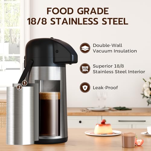 Gezoss Coffee Carafe for Keeping Hot - Gezoss 64OZ / 1.9L Airpot Coffee Dispenser with Pump - Large Coffee Carafe for Hot Drinks Tea Liquid - Insulated Stainless Steel Hot Water Beverage Urn for Parties - Image 2