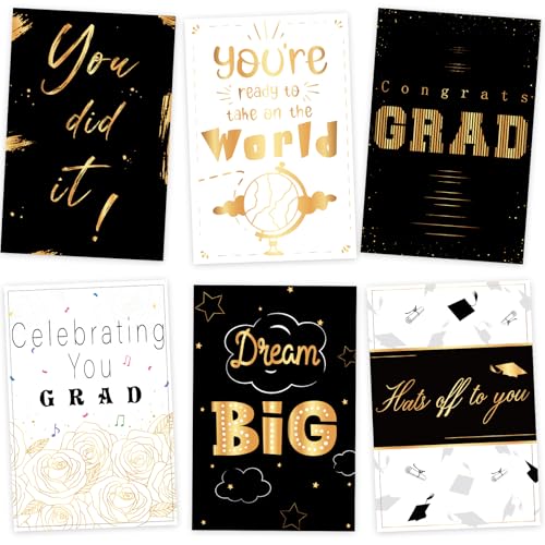 GRADESIN 24 Pack Graduation Cards Bulk 2026 with Envelopes & Stickers - Gold Foil 300GMS Thick and Blank Graduation Greeting Cards Gifts for College High School Graduation Party Supplies, 6 Cover Designs - Image 1