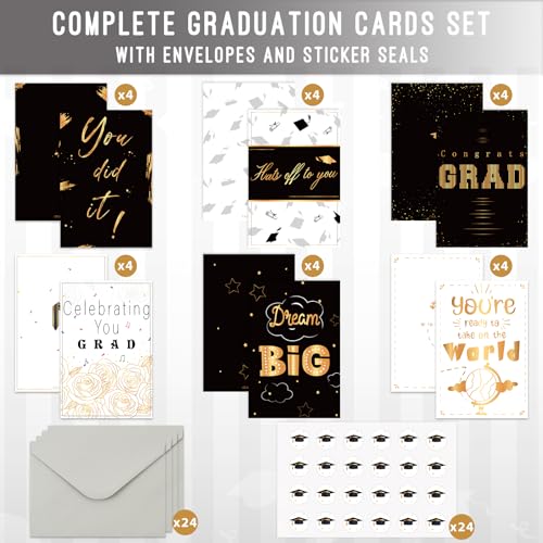 GRADESIN 24 Pack Graduation Cards Bulk 2026 with Envelopes & Stickers - Gold Foil 300GMS Thick and Blank Graduation Greeting Cards Gifts for College High School Graduation Party Supplies, 6 Cover Designs - Image 3