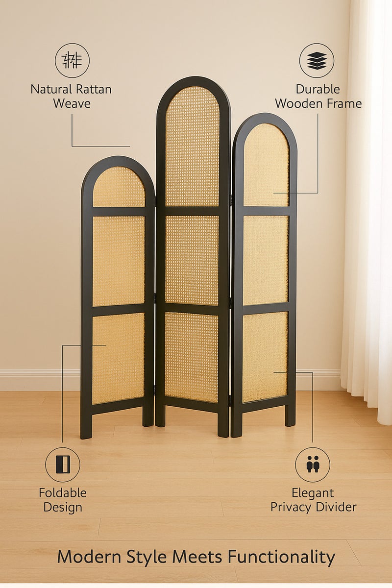 ماريا هومز مقسم غرفة من الراتان بثلاث لوحات مع إطار أسود – شاشة خصوصية حديثة مقوسة بطول 121×180 سم - Image 5