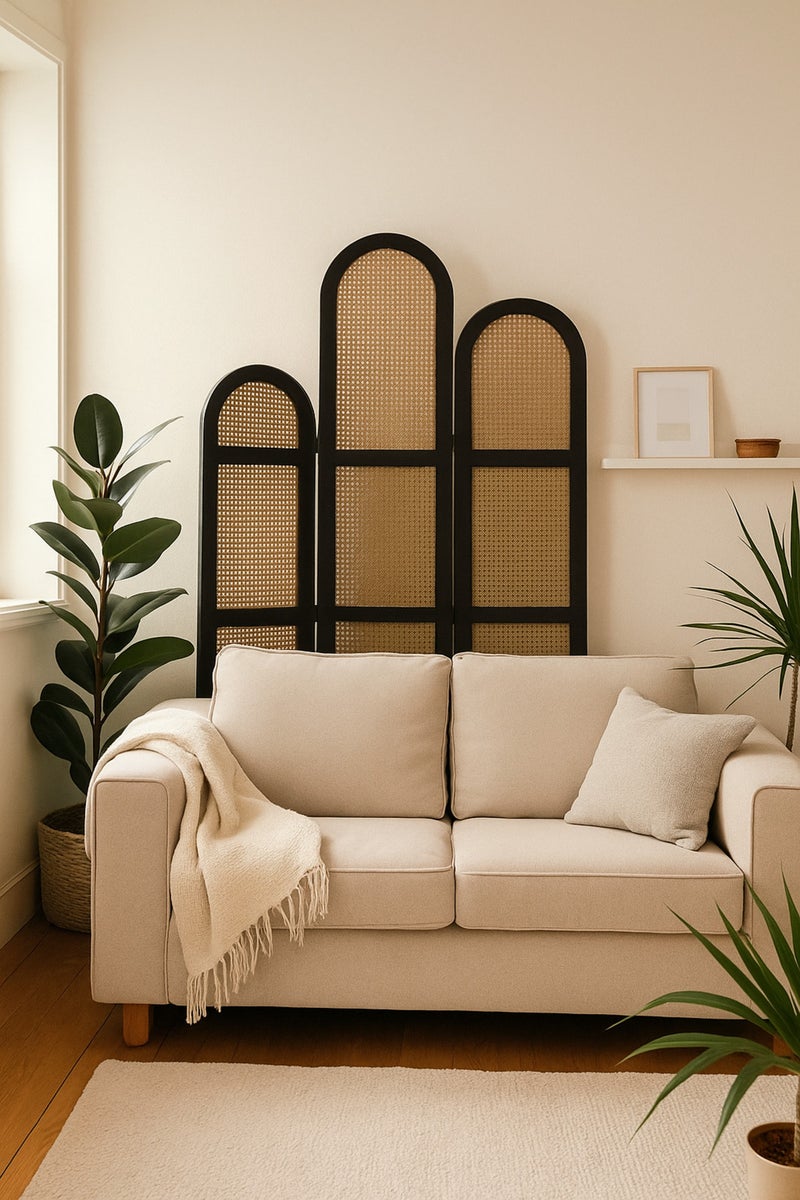 ماريا هومز مقسم غرفة من الراتان بثلاث لوحات مع إطار أسود – شاشة خصوصية حديثة مقوسة بطول 121×180 سم - Image 3