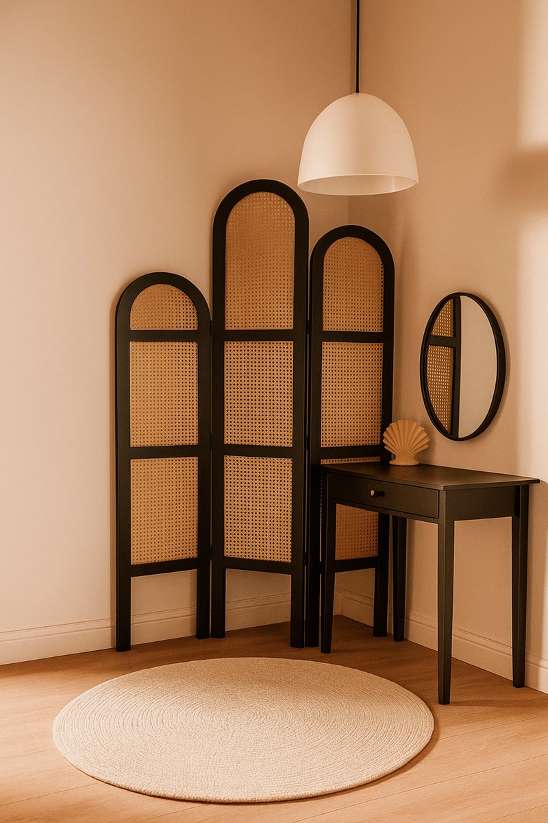 ماريا هومز مقسم غرفة من الراتان بثلاث لوحات مع إطار أسود – شاشة خصوصية حديثة مقوسة بطول 121×180 سم - Image 4